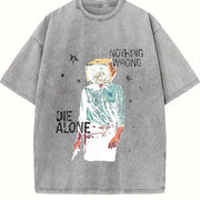 TV Head Cowboy Die Alone White Retro Grunge Vintage Washed T-Shirt in Gray
