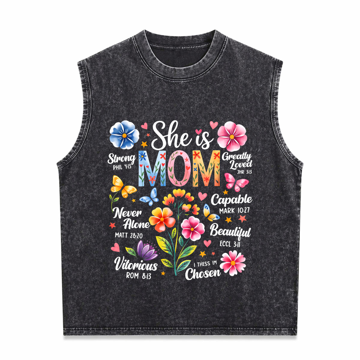 She Is Mom Bible Verses Christian Boho Floral Mother's Day Vintage Washed Tank Top in Black