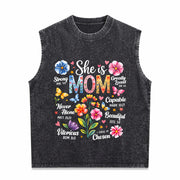 She Is Mom Bible Verses Christian Boho Floral Mother's Day Vintage Washed Tank Top in Black