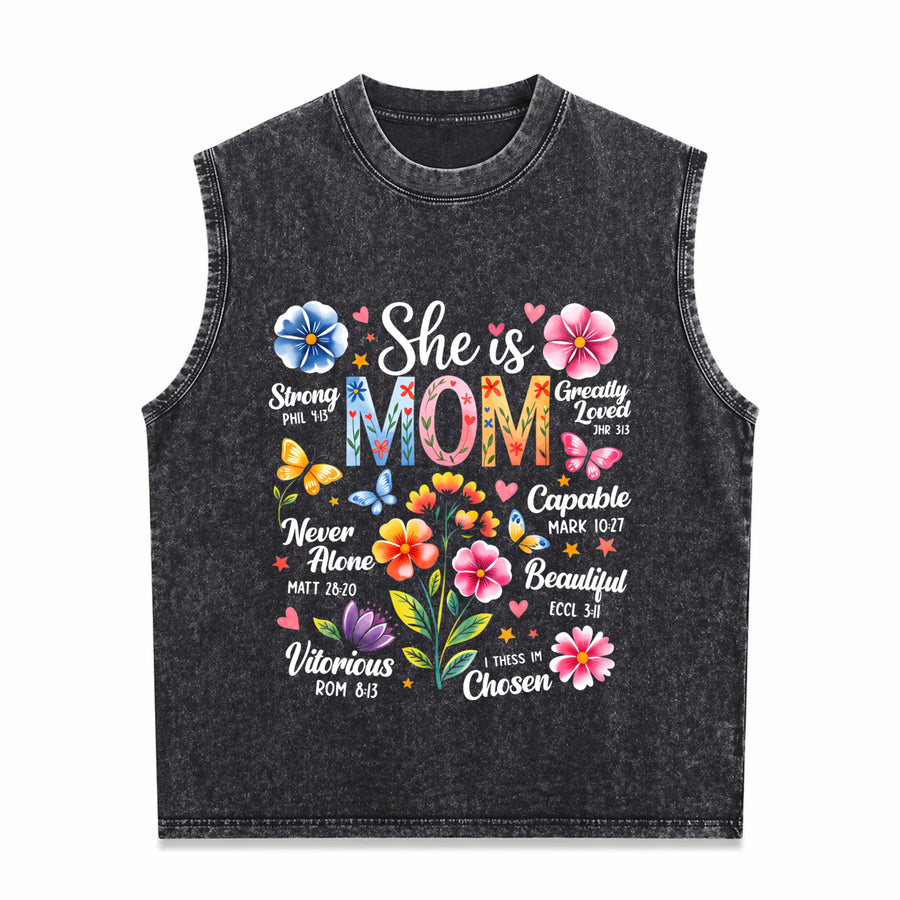 She Is Mom Bible Verses Christian Boho Floral Mother's Day Vintage Washed Tank Top in Black