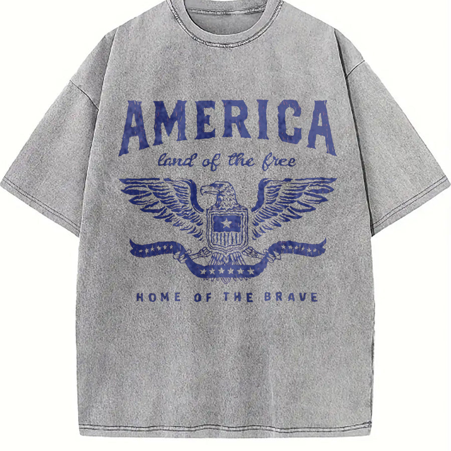 America Land of the Free Home of the Brave Patriotic Vintage Washed T-Shirt in Gray