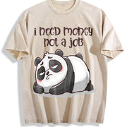 Retro Lazy Panda I Need Money Not a Job Vintage Washed T-Shirt in Beige