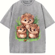 A Round-neck Short-sleeve with Three Brown Hedgehogs Vintage Washed T-Shirt in Gray