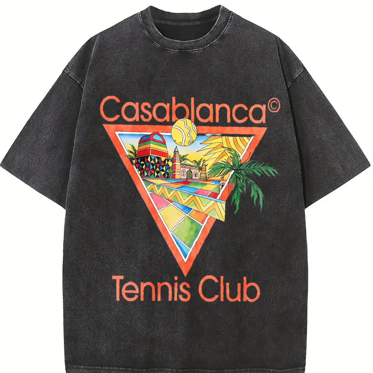 Tennis Club Tropical Art Vintage Washed T-Shirt in Black