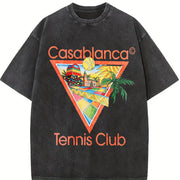 Tennis Club Tropical Art Vintage Washed T-Shirt in Black