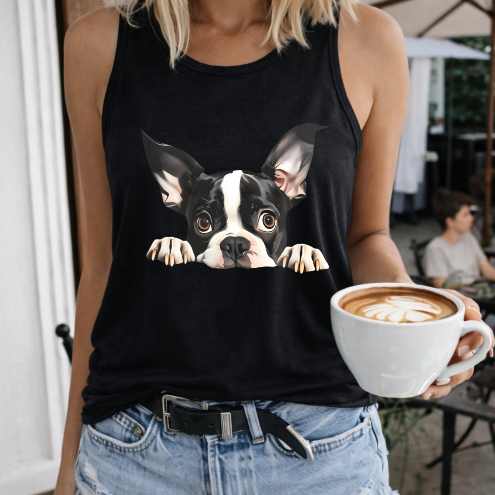 Peeking Boston Terrier Women's Color Cotton Tank Top in Black