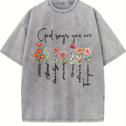 A Plant Floral Letter Faith Vintage Washed T-Shirt in Gray
