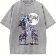 Three Wolf Retro Wolves Howling Moon Vintage Washed T-Shirt in Gray