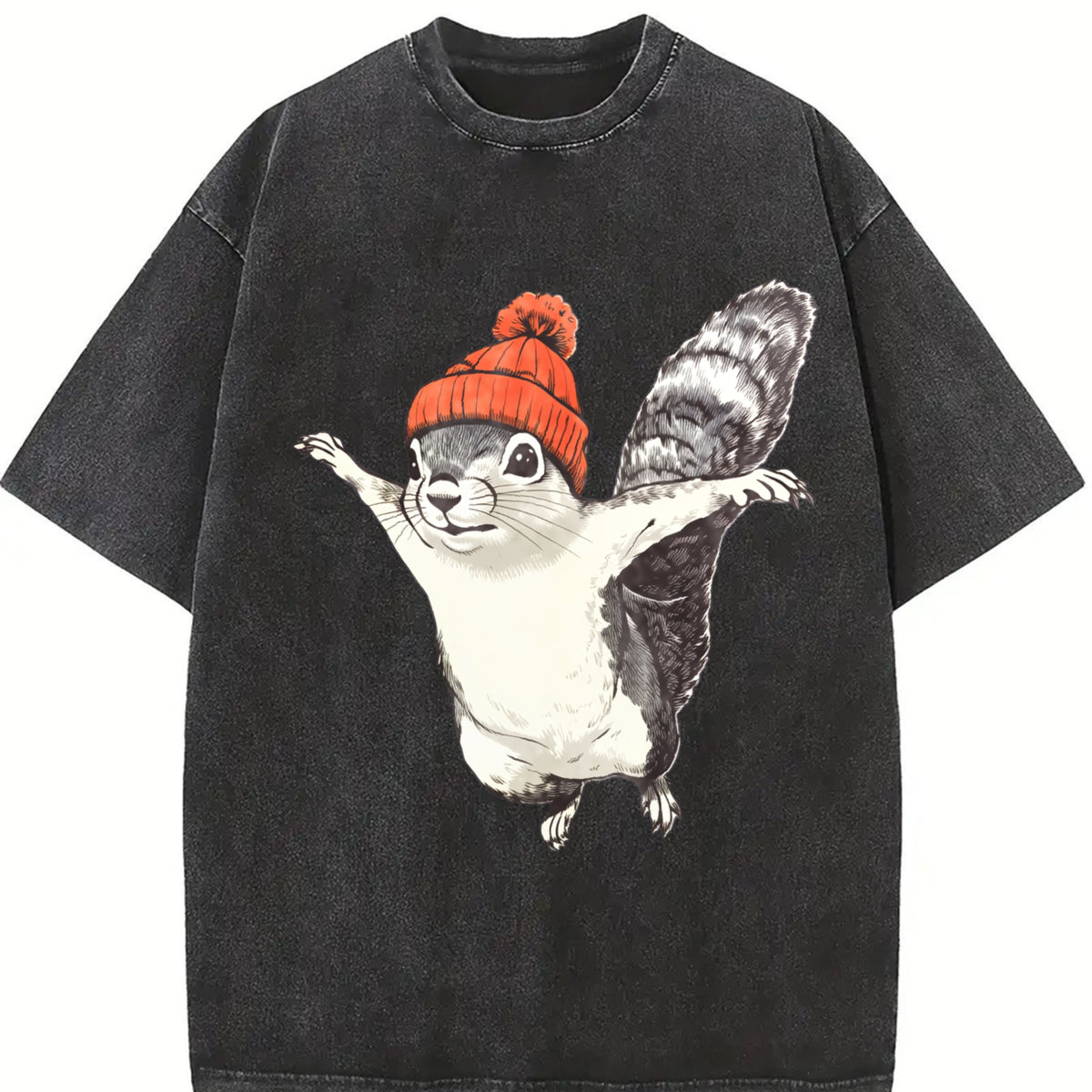 Winter Squirrel Short-sleeved with Orange Yarn Hat Vintage Washed T-Shirt in Black