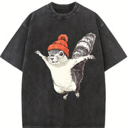 Winter Squirrel Short-sleeved with Orange Yarn Hat Vintage Washed T-Shirt in Black