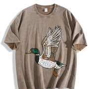 Embroidered Duck Animal Lover Embroidery vintage washed oversized T-shirt in Brown