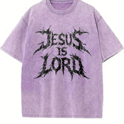 Jesus Is Lord Bold Metal Christian Faith Vintage Washed T-Shirt in Purple