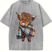 Scottish Highland Cow Plaid Vintage Washed T-Shirt in Gray