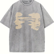 Abstract Face Shoulder Sleeve Thick Extra Large Distressed Vintage Washed T-Shirt in Gray