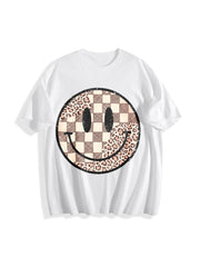 Retro Smiley Face Leopard Cotton T-Shirt in White