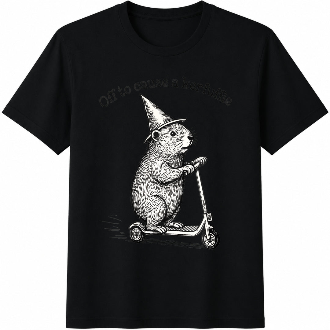 Off to Cause a Kerfuffle Groundhog Scooter Silly Animal Cotton T-Shirt in Black