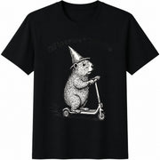 Off to Cause a Kerfuffle Groundhog Scooter Silly Animal Cotton T-Shirt in Black