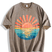 Retro Ocean Sunset Vintage Washed T-Shirt in Brown