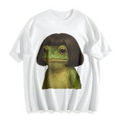 Frog with Bob Haircut Cotton T-Shirt in White