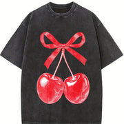 Retro Cherry Bow Halftone Vintage Washed T-Shirt in Black
