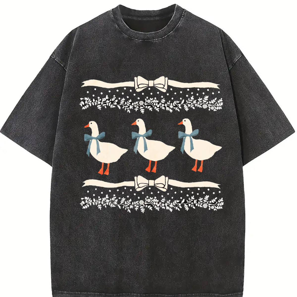 1980s Blue Ribbon Goose with Hearts Ugly Vintage Washed T-Shirt in Black