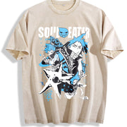 Japan Anime Soul Eater Black Star Printing Loose Harajuku vintage washed oversized T-shirt in Beige