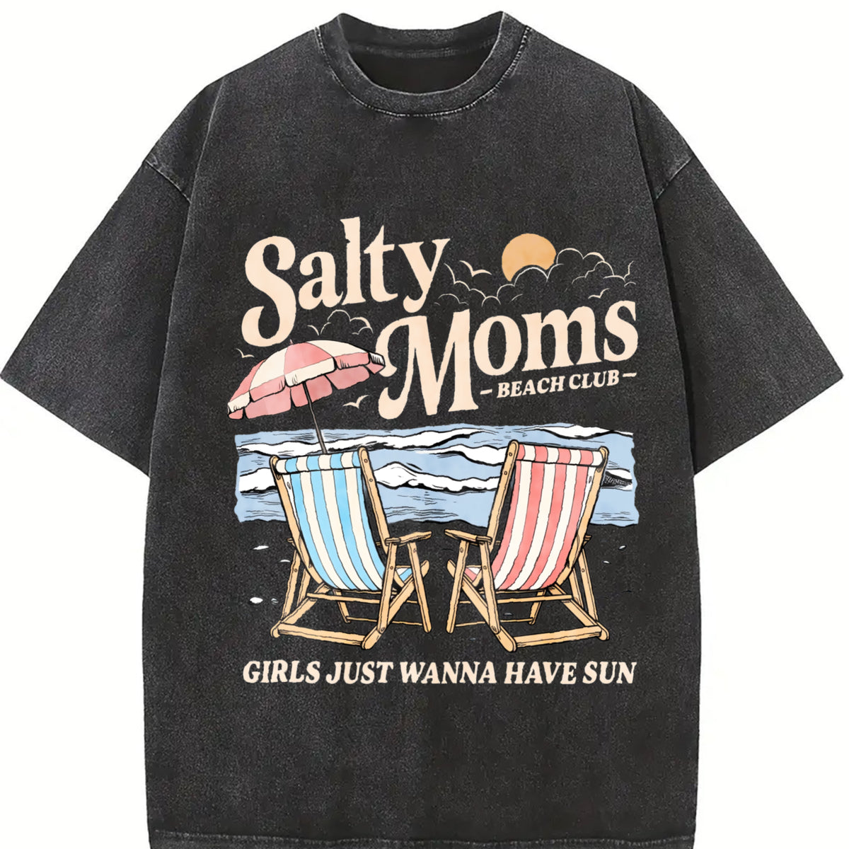 Salty Moms Beach Club Instant Retro Beach Girl Vintage Washed T-Shirt in Black
