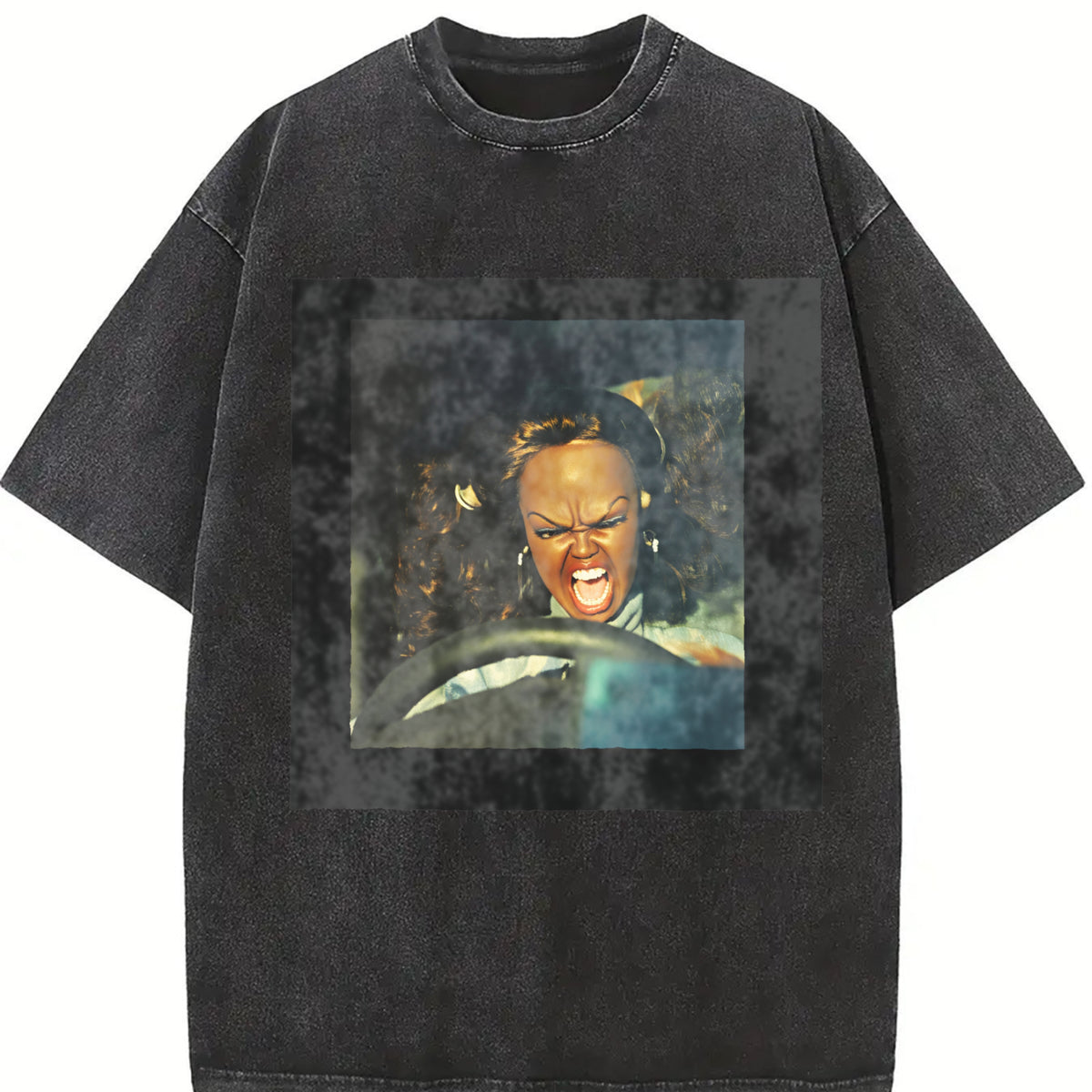 Angry Glam Doll Driving Vintage Washed T-Shirt in Black