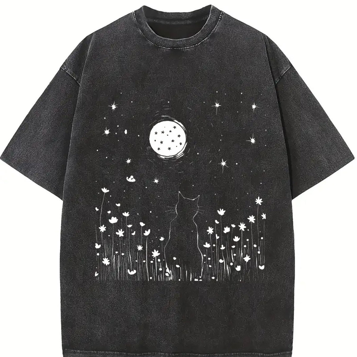 Inspired Moonlit Cat Field Vintage Washed T-Shirt in Black