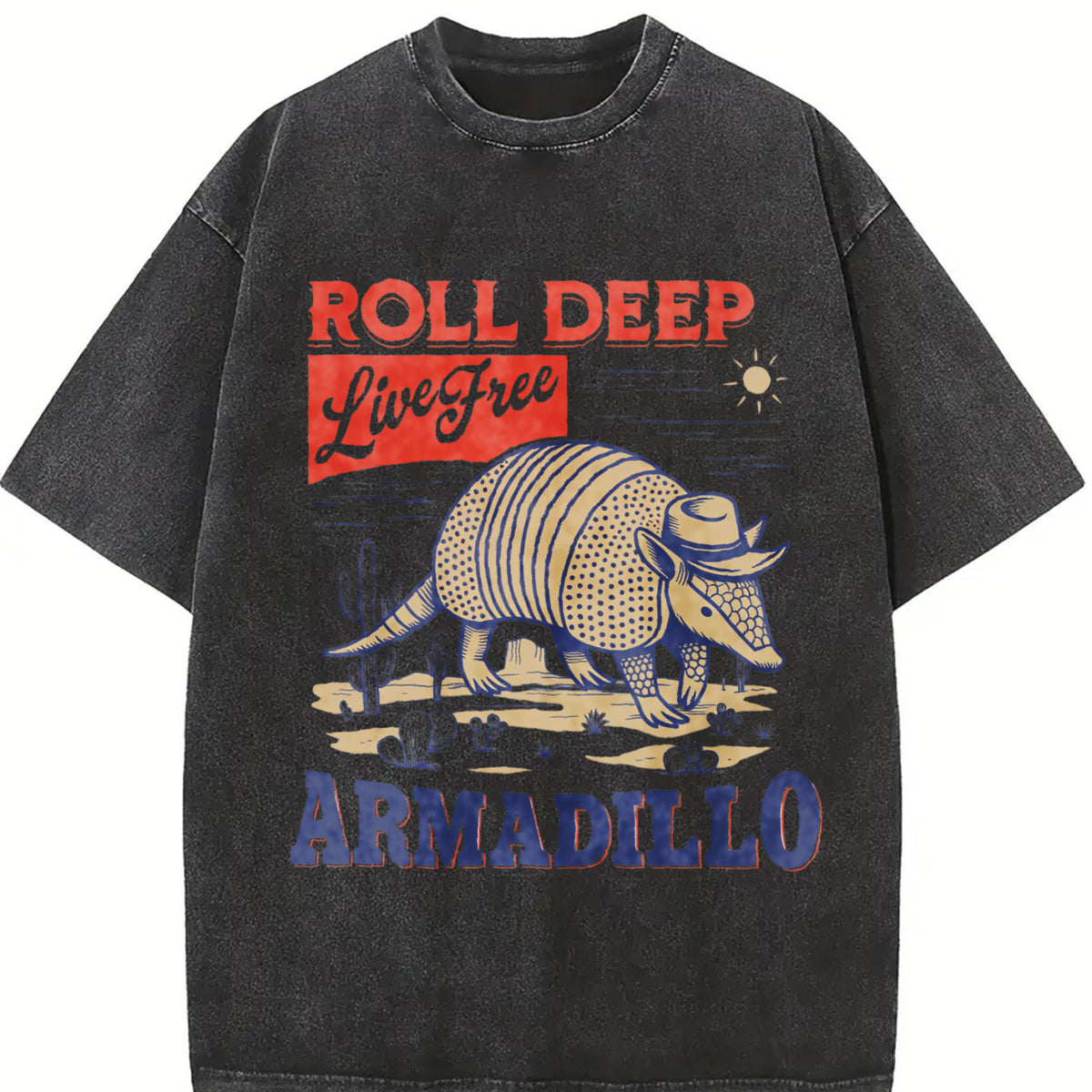 Armadillo Western Cowboy Desert Vintage Washed T-Shirt in Black