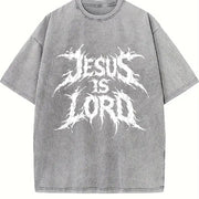 Jesus Is Lord Bold Metal Christian Faith Vintage Washed T-Shirt in Gray