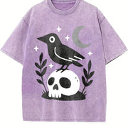 Witchy Crow Skull Moon and Stars Gothic Raven vintage washed oversized T-shirt in Purple