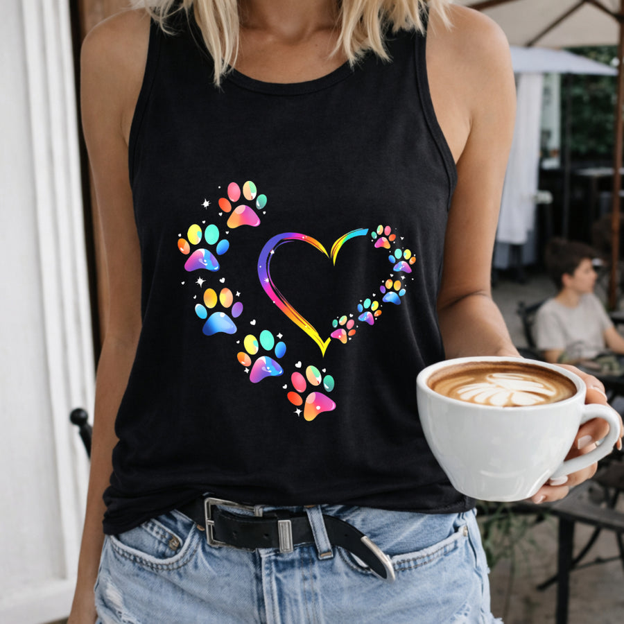 Paw Print Heart Women's Color Cotton Tank Top in Black