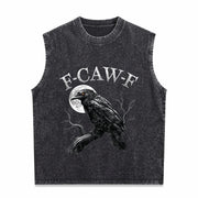 Black Crow F-caw-f Black Bird Moon Gothic Adult Humor Vintage Washed Tank Top in Black
