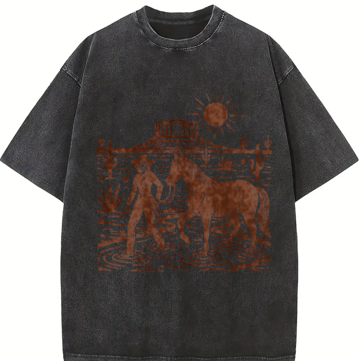 Cowgirl Desert Horse Vintage Washed T-Shirt in Black