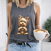Yorkie Dog with Heart Paws Crew-neck Sleeveless Vest Women's Color Cotton Tank Top in Gray
