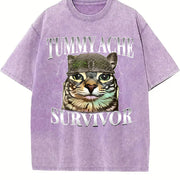Tummy Ache Survivor Cat Meme Saying Cats Animals vintage washed oversized T-shirt in Purple