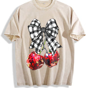 Blouse-compatible Cherry & Bow Vintage Washed T-Shirt in Beige
