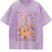 Y2K a Skeleton Hand Grasping a Heart and Flowers Vintage Washed T-Shirt in Purple