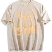 Old School Gym Muscle Hunk Biceps Display Vintage Washed T-Shirt in Beige