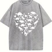 Heart-shaped Dinosaur 1pc Vintage Washed T-Shirt in Gray
