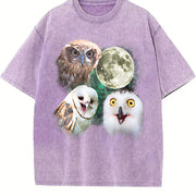 Three Owls Retro Silly Owl Moon Vintage Washed T-Shirt in Purple