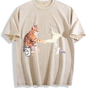 Smoking Cats Fist Bump Cat Vintage Washed T-Shirt in Beige