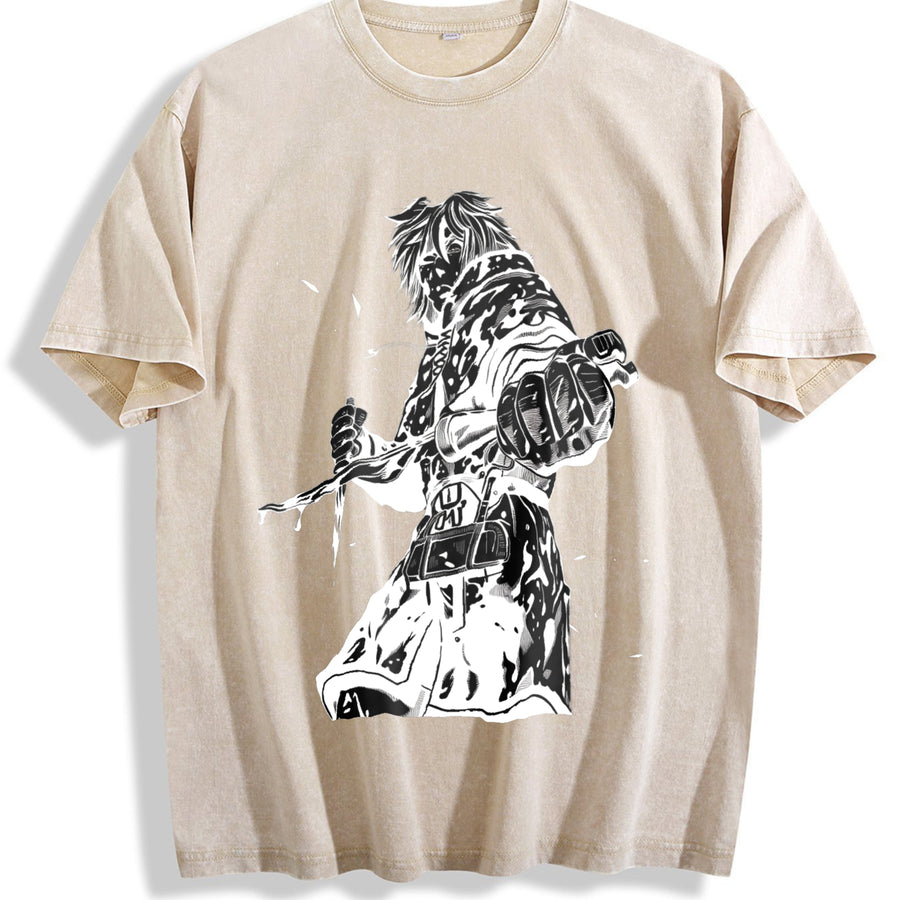 Vinland Saga x Anime – Darkcore Warrior with Bold Back vintage washed oversized T-shirt in Beige