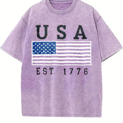 Embroidered USA Flag Vintage Washed T-Shirt in Purple