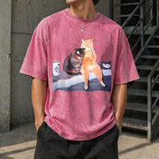 Bowling Cat Vintage Washed T-Shirt in Red