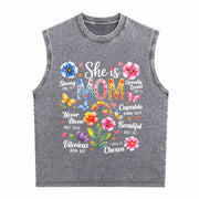 She Is Mom Bible Verses Christian Boho Floral Mother's Day Vintage Washed Tank Top in Gray