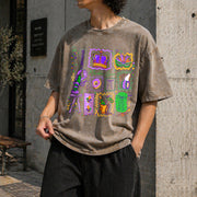 Mardi Gras Doodle Icons Vintage Washed T-Shirt in Brown