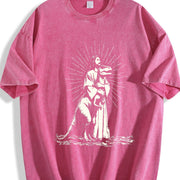 Retro Jesus Holding Dinosaur Religious Vintage Washed T-Shirt in Red
