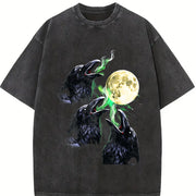 Raven Howling to Moon 90s Vintage Washed T-Shirt in Black
